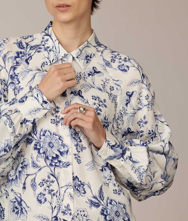Louise Blue Satin Print Blus The Shirt Factory