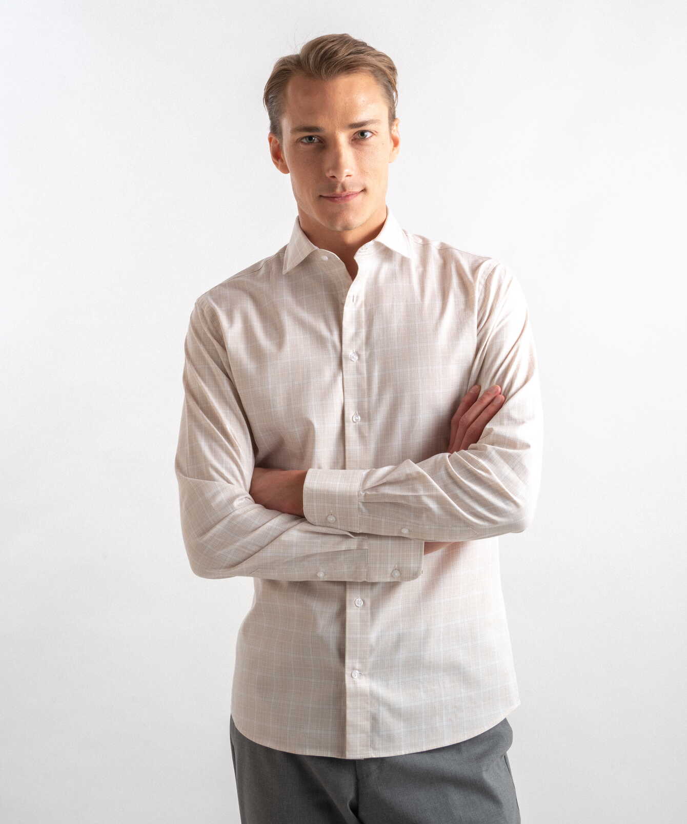 Shirt Munich Beige Easy To Iron Checkered Shirt Extra Long Sleeve The Shirt Factory