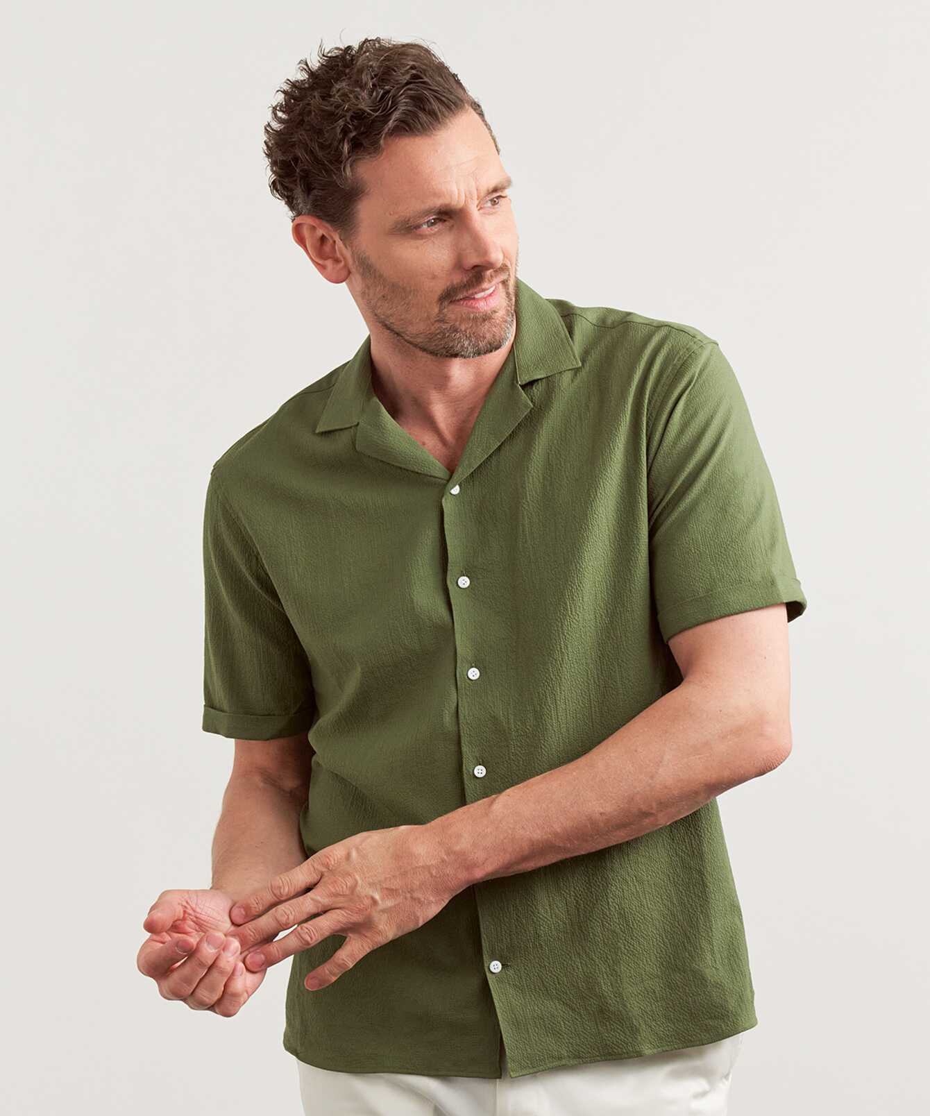 Skjorta Belize Grön Kortärmad Seersucker Skjorta The Shirt Factory