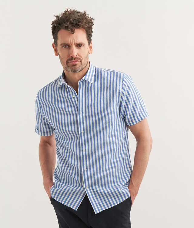 Shirt Short Sleeve Blue White Stripe Cotton-Linen Shirt The Shirt Factory