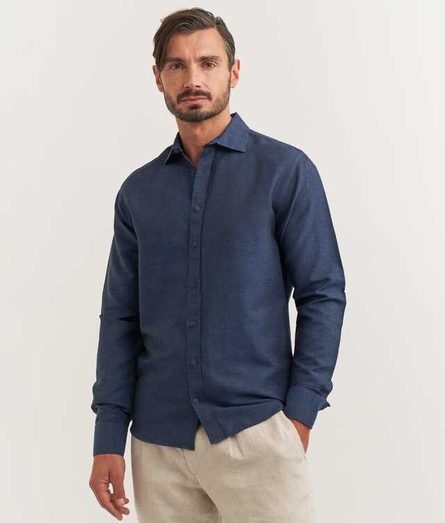 Regular fit - Portofino Melange Dark Navy Linen Shirt